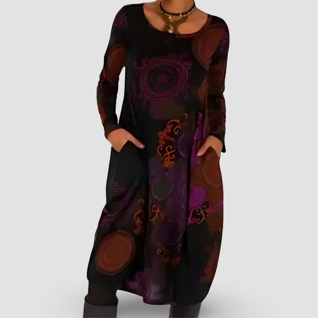 Tilly ™ | Abstract Print Long Sleeve Dress with Side Pockets