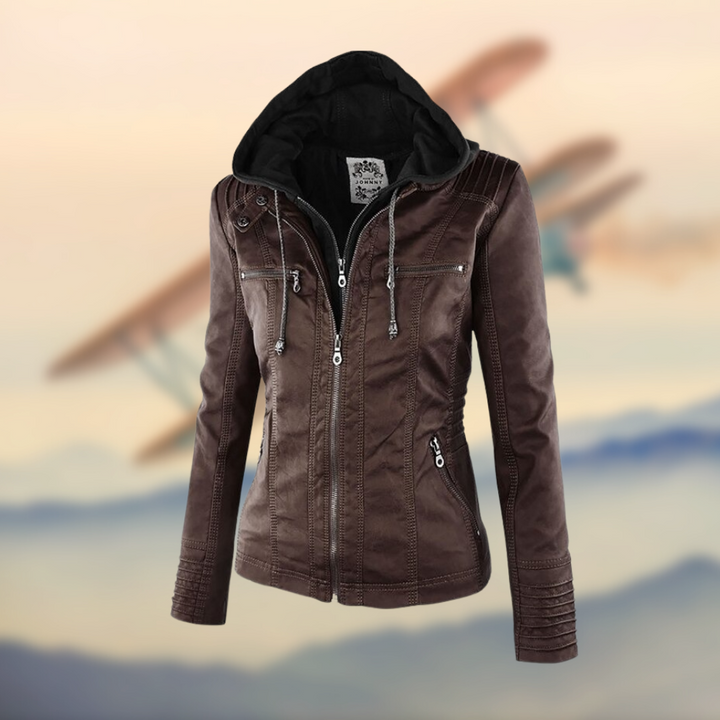 Caroline ™ | Stylish Tan Leather Jacket with Hood