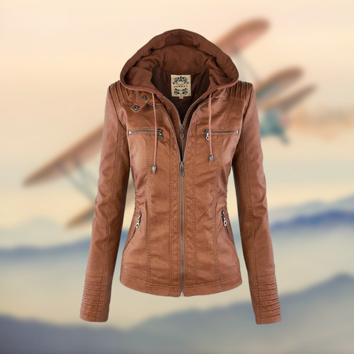 Caroline ™ | Stylish Tan Leather Jacket with Hood