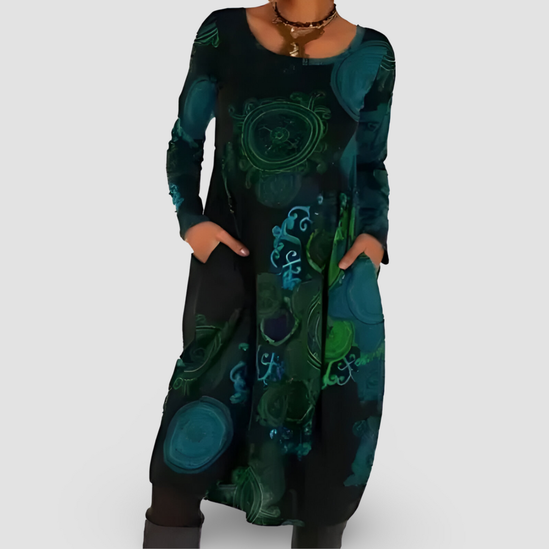 Tilly ™ | Abstract Print Long Sleeve Dress with Side Pockets