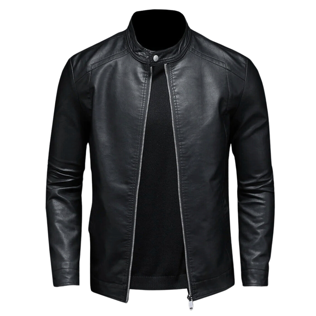 Ernst ™ | Classic Black Leather Biker Jacket with Snap Collar