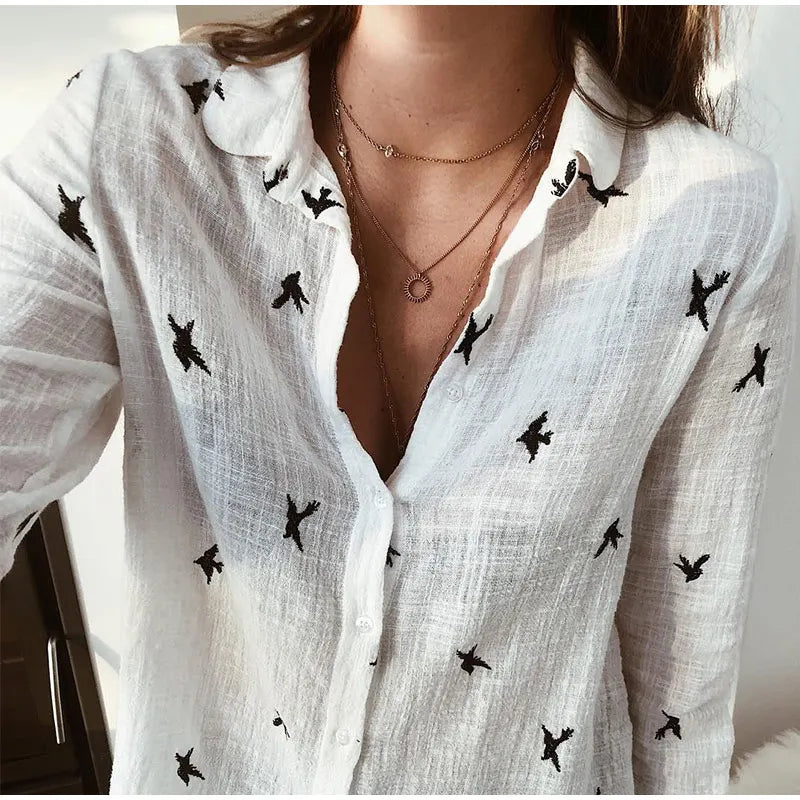 Cathy™ | Relaxed Bird-Print Button-Up Blouse