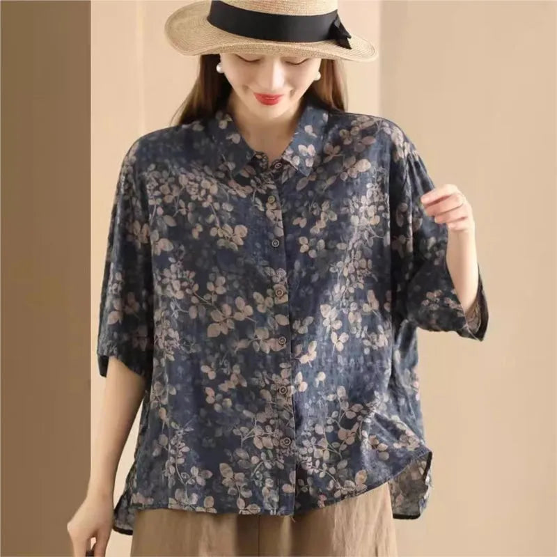 Rina™ | Vintage Floral Cotton Linen Shirt