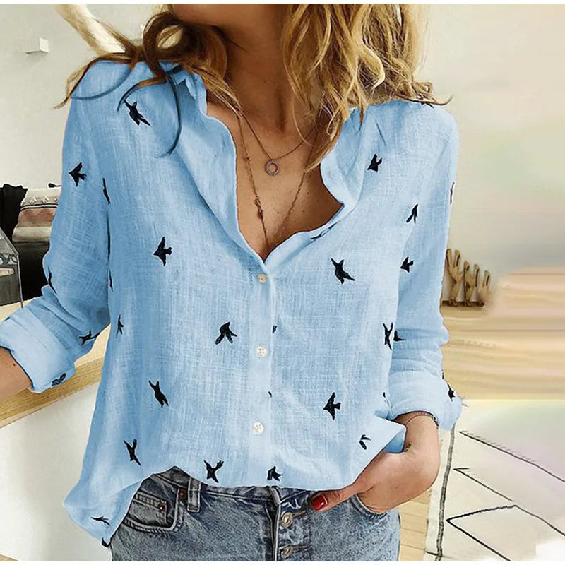 Cathy™ | Relaxed Bird-Print Button-Up Blouse