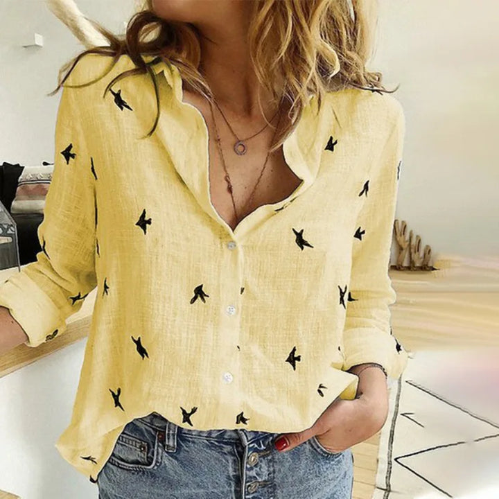 Cathy™ | Relaxed Bird-Print Button-Up Blouse