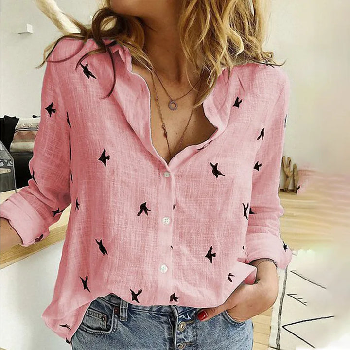 Cathy™ | Relaxed Bird-Print Button-Up Blouse