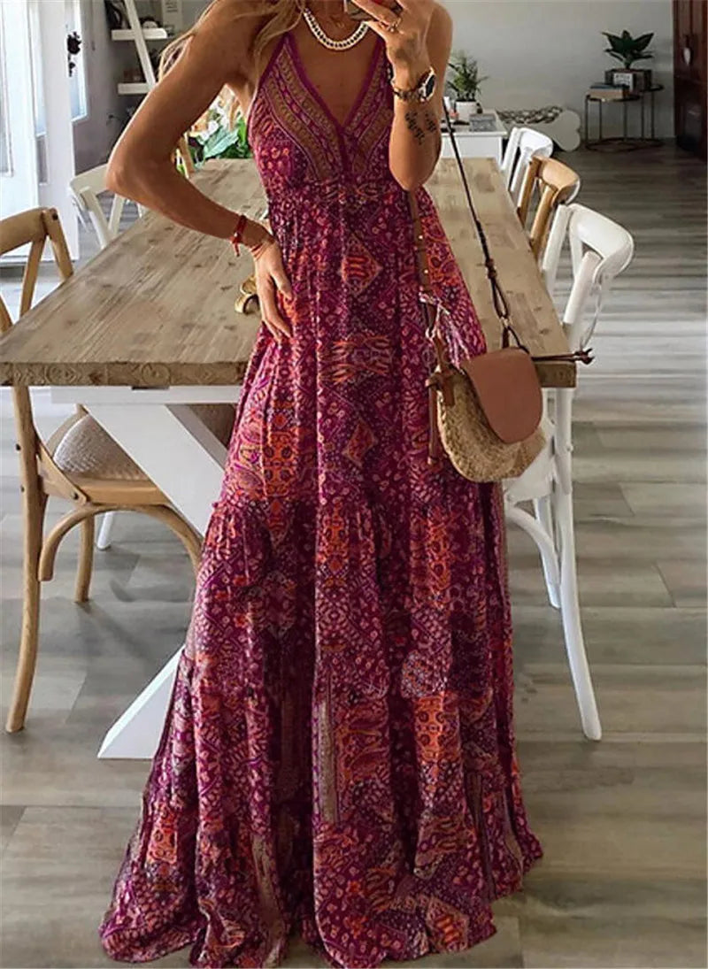 Helena ™ | Bohemian Print Halter Maxi Dress